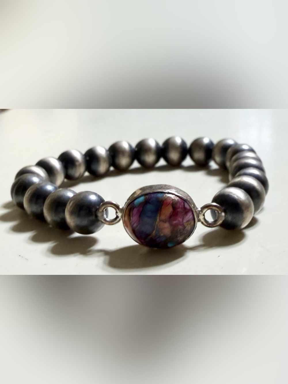 Southwest oxidized 10mm Sterling Silver Stretch with Cotton Candy Bracelet